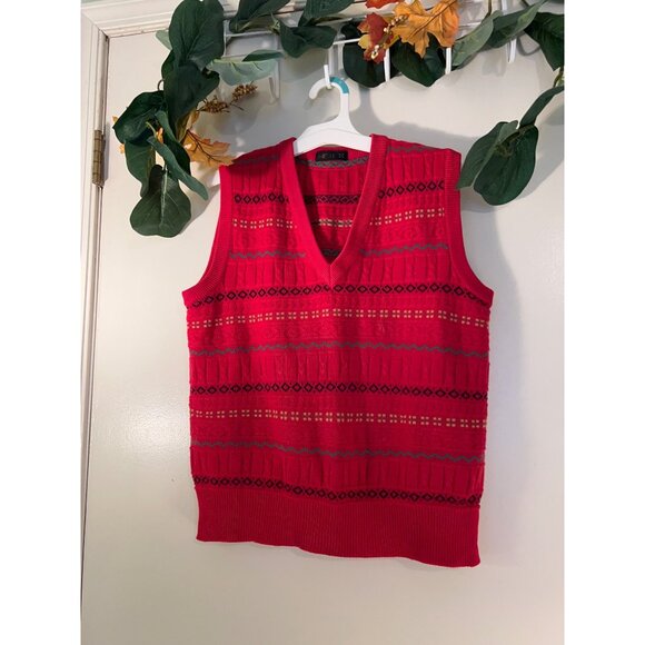 Vintage V-Neck Vest Sweater~Geometric Sleeveless Pullover L - Picture 2 of 11